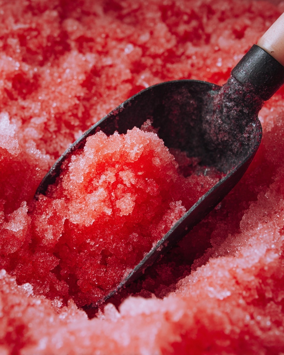 A close-up image shows a scoop digging into bright red shaved ice. The ice has a rough, grainy texture with tiny sparkling ice crystals. The scoop is dark, with a thick handle that has a light grip part. The red color varies slightly, showing some deeper red parts and some lighter pink areas, making the icy texture look fresh and cold. The background is softly out of focus but filled with the same red shaved ice. photo taken with an iphone --ar 4:5 --v 7
