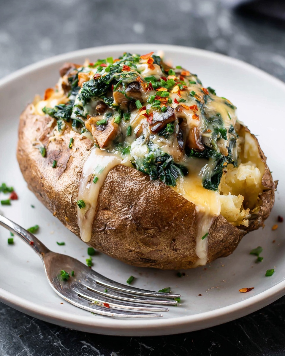 A baked potato with a brown, wrinkled skin sits on a white plate. The potato is opened from the top, showing a first layer of soft, creamy inside. On top of this is a melted layer of light yellow cheese that flows over the edges. Over the cheese, there is a layer of cooked green spinach and brown mushrooms mixed together, with small orange-red chili flakes and green chopped chives sprinkled on top, adding color and texture. A silver fork rests on the plate next to the potato. The plate is placed on a white marbled surface. photo taken with an iphone --ar 4:5 --v 7
