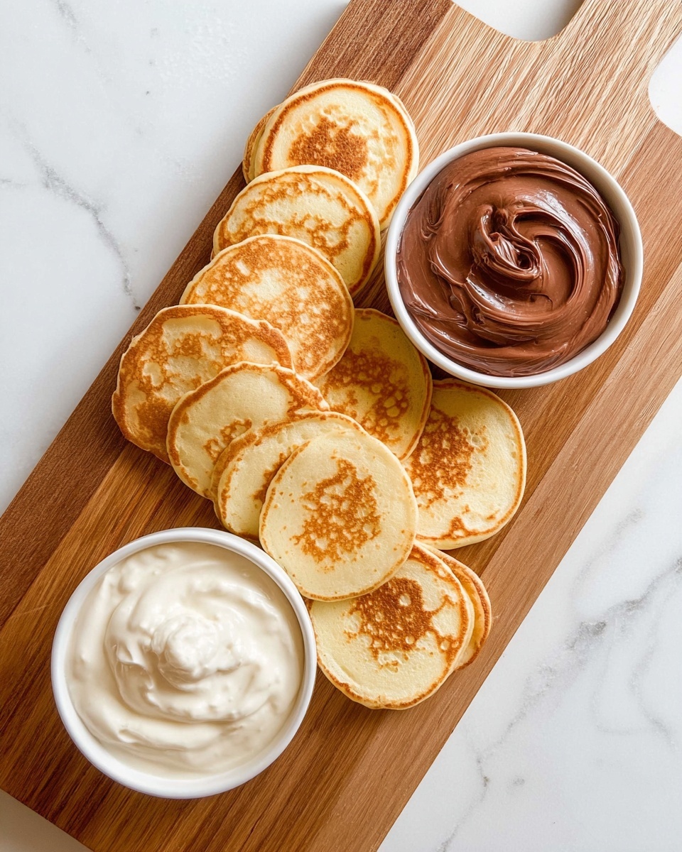 A wooden board with two rows of small, golden-brown pancakes arranged in a curved pattern, each pancake showing light and dark spots with a soft, fluffy texture. At the top right side, there is a white bowl filled with smooth, swirled chocolate spread, shiny and rich in color. At the bottom left side, a second white bowl holds a creamy, white dip with a light texture. The background is a white marbled surface. photo taken with an iphone --ar 4:5 --v 7