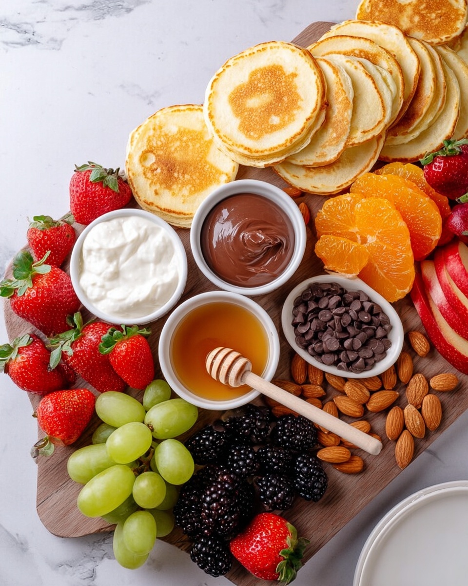 A wooden board on a white marbled surface holds two stacks of golden pancakes arranged in a circular pattern in the center. Around the pancakes, there are vibrant fresh fruits including bright red strawberries both whole and sliced, shiny green grapes clustered, blackberries, slices of red apple, and peeled orange segments. Small white bowls are placed among the fruits: one filled with thick white cream, another with smooth chocolate spread, a third holding dark chocolate chips, and a fourth containing amber honey with a wooden honey dipper resting inside. Scattered almonds add texture and contrast to the colorful arrangement. A white plate and a fork are visible at the bottom edge of the image. Photo taken with an iphone --ar 4:5 --v 7