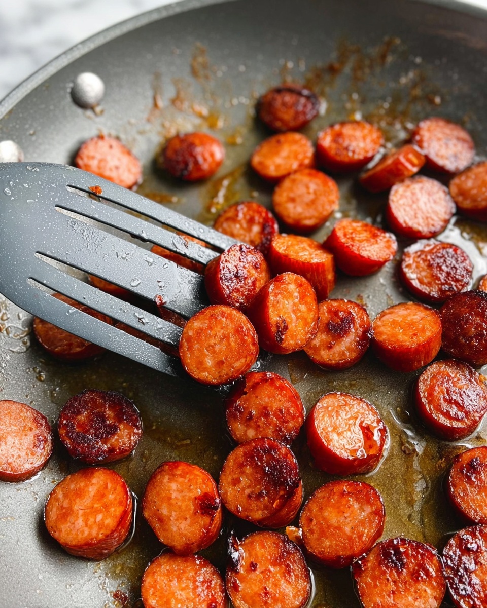 The image shows many small, round slices of sausage cooking in a pan. Each sausage slice has a reddish-brown color with a shiny, slightly oily surface and some darker, crispy spots on top. The slices are spread around a grey slotted spatula that is lifting a few pieces, giving a close view of their texture. The pan's surface is metallic and slightly greasy with some oil reflecting light, and the background is a white marbled texture. photo taken with an iphone --ar 4:5 --v 7