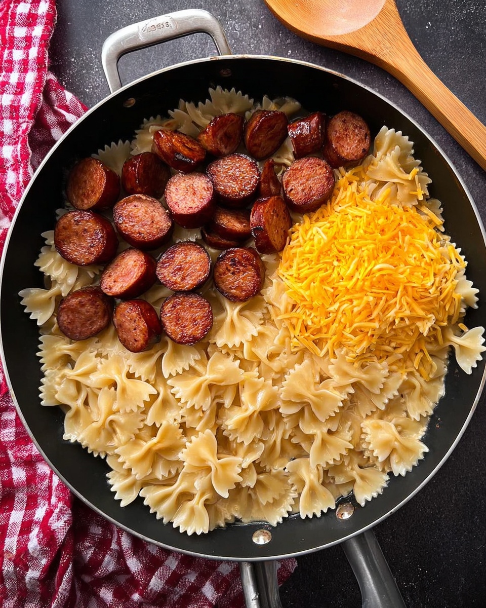 The image shows a black pan filled with three distinct layers of food. The bottom layer is creamy bow-tie pasta with a light beige color and a smooth texture, spread evenly across the pan. On the right side, there is a pile of bright yellow shredded cheese, soft and finely shredded. On the left side, a cluster of sliced sausage rounds with a dark brown, slightly crispy surface rests on top of the pasta. The pan is placed on a dark surface with a wooden spoon and a folded red and white checkered cloth nearby. photo taken with an iphone --ar 4:5 --v 7