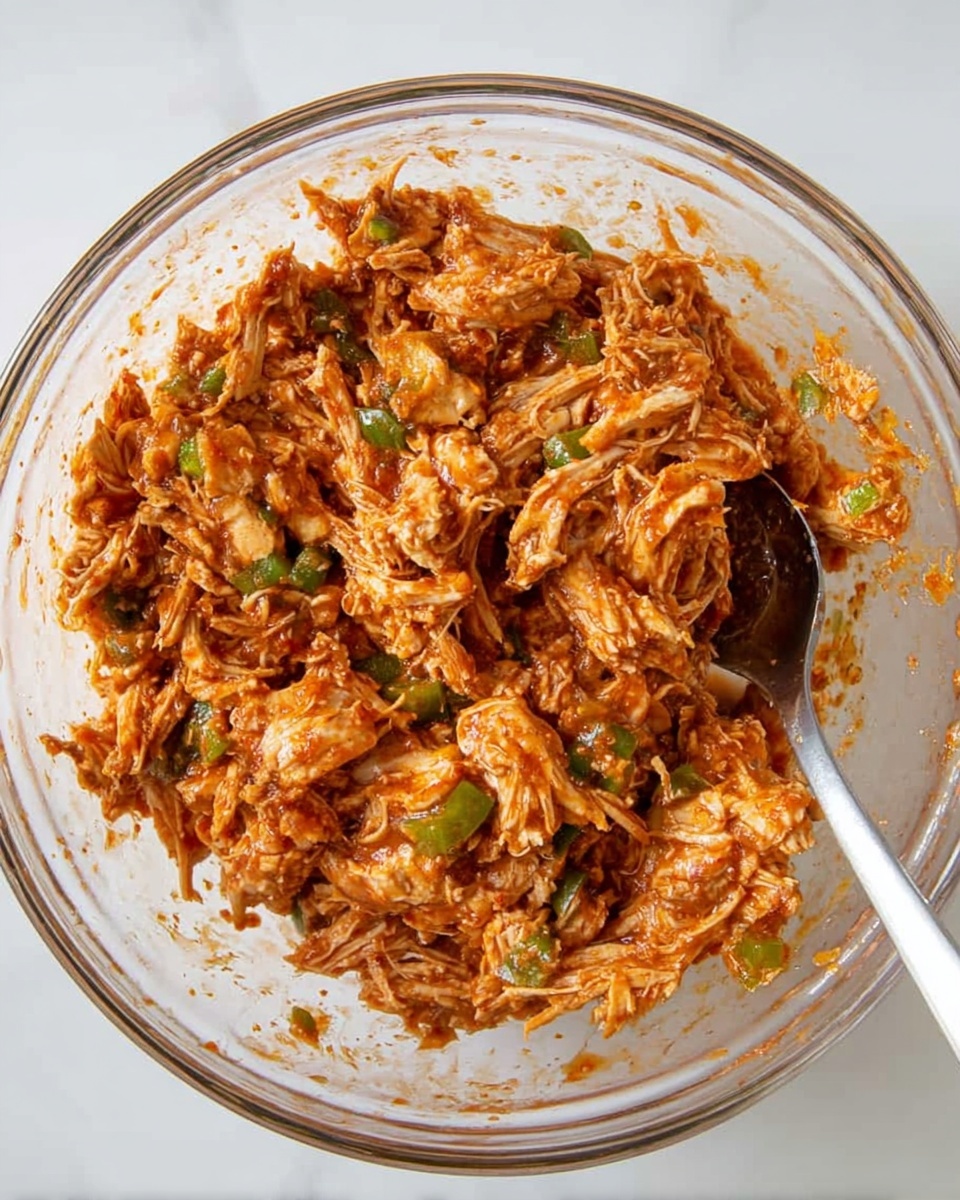 A clear glass bowl filled with a shredded chicken mix coated in a reddish sauce, with visible small green pieces scattered throughout, likely herbs or peppers; the texture looks moist and slightly chunky with strands of chicken and bits of other ingredients evenly combined; a shiny metal spoon rests inside the bowl on the right side; the bowl sits on a white marbled surface photo taken with an iphone --ar 4:5 --v 7