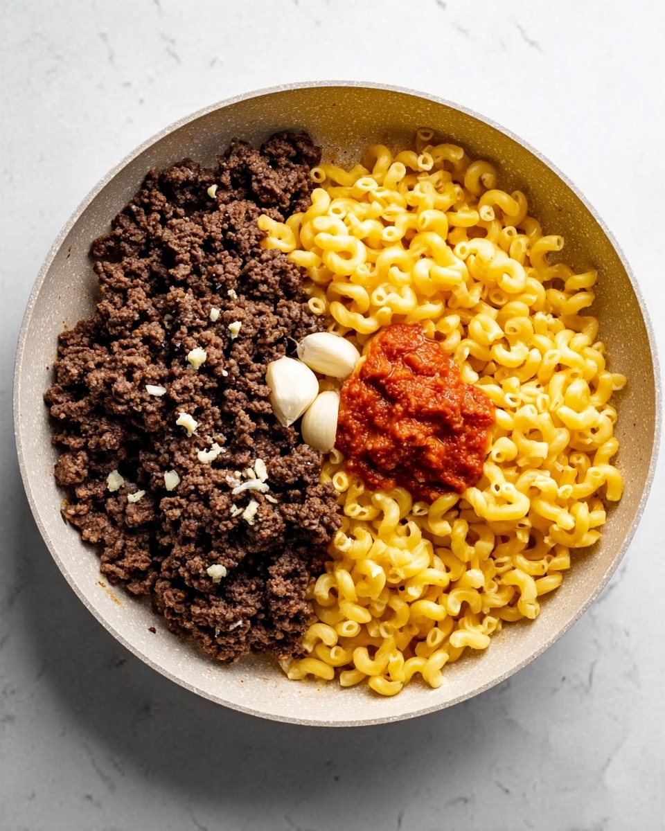 A white pan on a white marbled surface holds two main sections of ingredients, divided almost evenly. On the left side, there is cooked ground beef, dark brown in color with some small chunks of garlic and white salt scattered on top. On the right side, there is dry yellow elbow macaroni pasta, with a dollop of red tomato sauce and a small clove of garlic placed on top of the pasta near the center. The image is taken from above, showing a clear division between the beef and pasta. Photo taken with an iphone --ar 4:5 --v 7