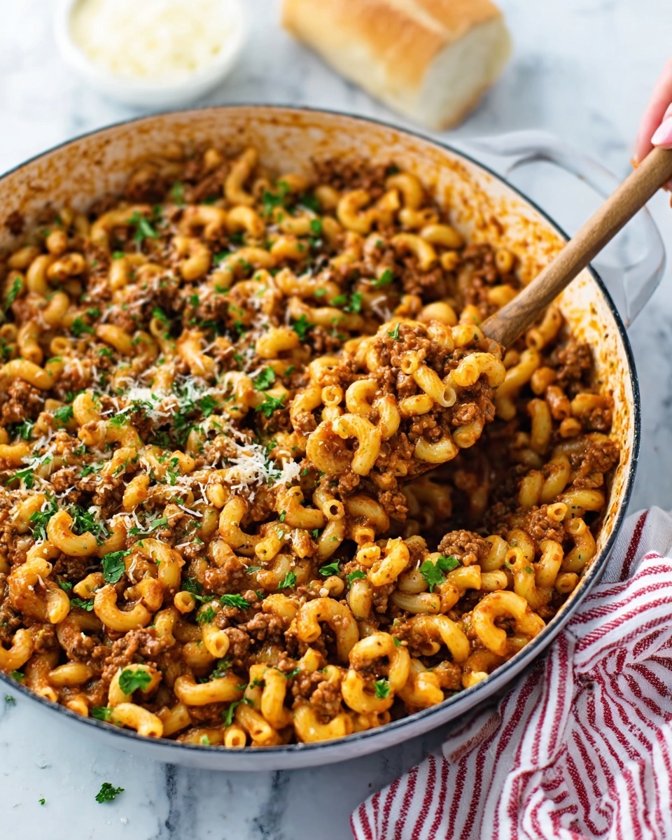A close-up of a large white skillet filled with cooked elbow macaroni mixed with a rich ground meat sauce, showing layers of small pasta spirals coated in reddish-brown sauce with bits of fresh green parsley sprinkled evenly on top. A wooden spoon held by a woman's hand is scooping the macaroni from the pan. The skillet sits on a white marbled surface with a small white bowl of grated cheese and a piece of bread nearby. The background features a soft, out-of-focus white and red striped cloth. photo taken with an iphone --ar 4:5 --v 7