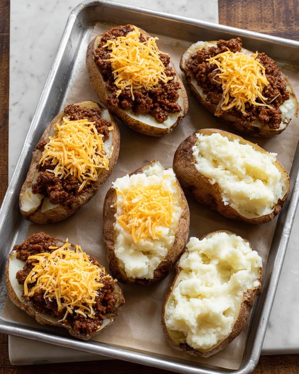 There are eight large baked potato halves on a metal tray lined with light brown paper, placed on a white marbled surface. Each potato half has a rough brown skin outer layer. Four of the potatoes are filled with smooth, creamy white mashed potato and topped with a thick, dark brown chili meat layer. Three of these have an extra layer of shredded bright orange cheddar cheese on top of the chili. The other four potato halves are filled thickly with just the white mashed potato, showing a creamy texture with slight lumps. The colors mainly contrast between the brown potato skin, white mashed potato, dark chili, and orange cheese. Photo taken with an iphone --ar 4:5 --v 7