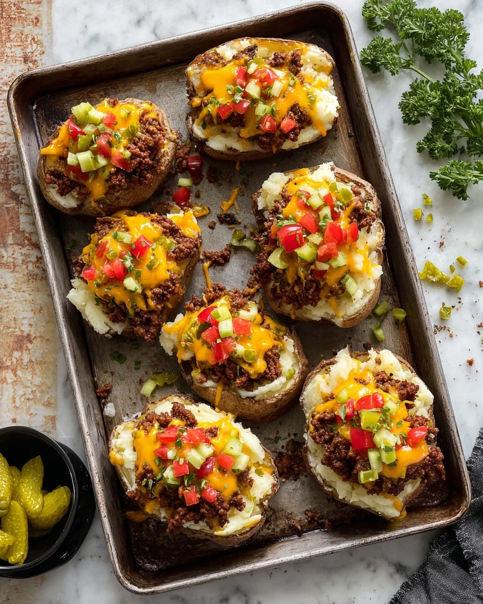 This image shows a baked potato as the base layer with a rough brown skin texture, placed on a black plate against a white marbled surface. The second layer is soft, white mashed potato filling visible on the top opening of the baked potato. The third layer is dark brown cooked ground meat piled on top of the mashed potato. The fourth layer is melted yellow cheddar cheese spread unevenly over the ground meat. The top layer includes finely chopped bright red tomatoes and yellow-green pickles scattered on the cheese. Around the plate are small pieces of meat and vegetables, adding to the color contrast. Photo taken with an iphone --ar 4:5 --v 7