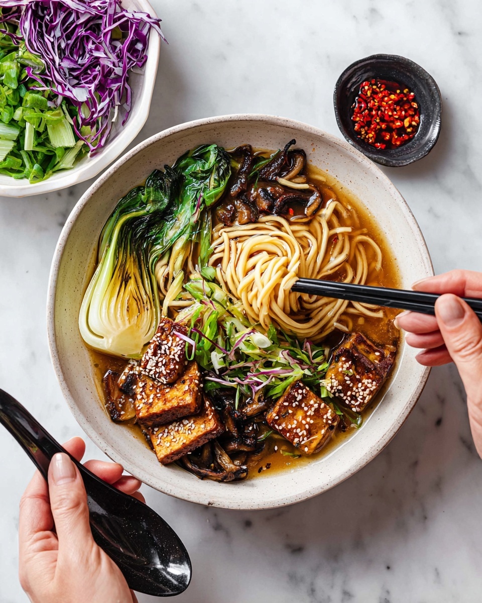 A bowl of ramen soup sits on a white marbled surface, filled with light brown broth and pale yellow noodles that are being lifted with black chopsticks from the right side. Inside the bowl, there are several layers: at the bottom, the noodles swirl through the broth; on the left side, there are two pieces of grilled bok choy with dark green leaves and light green stems showing grill marks; next to bok choy, thin sliced brown mushrooms with slightly curled edges; on the right side, crispy tofu pieces with a brown golden texture topped with white sesame seeds; and scattered on top are bright green chopped spring onions and thin, long purple strips of raw vegetable. A black spoon with a dark glossy finish rests on the edge of the bowl. Nearby, a small black bowl contains red chili oil with chili flakes and a silver spoon. On the top left corner, a white bowl holds extra purple vegetable strips and green chopped spring onions. Two woman's hands hold the chopsticks and spoon. Photo taken with an iphone --ar 4:5 --v 7