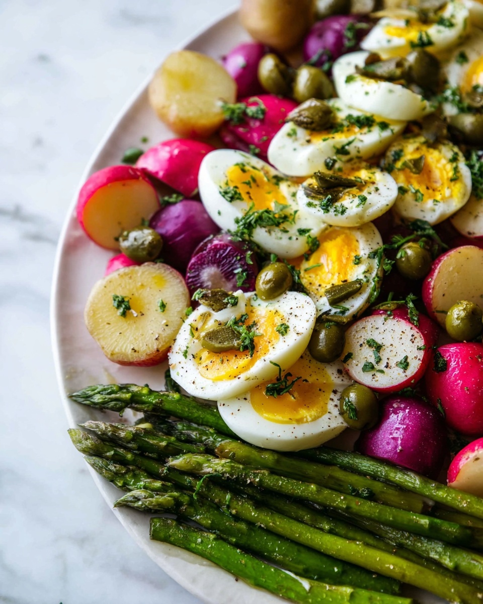 A close-up of a white plate with a layered salad. The bottom layer has bright green asparagus spears placed side by side. On top of the asparagus are slices of red and purple radishes, some halved showing their white inside. Above the radishes are small green olives and capers scattered around. The top layer consists of halved soft-boiled eggs with white edges and golden yolks that are slightly runny, sprinkled with chopped green herbs and black pepper. The plate sits on a white marbled surface. Photo taken with an iphone --ar 4:5 --v 7