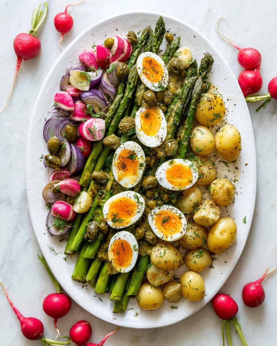 A white oval plate holds a vibrant salad arranged in layers: at the bottom, a bed of bright green asparagus stalks aligned lengthwise; on top of that, a mix of halved red, pink, and purple radishes scattered across the left side; beside the radishes, small round yellow potatoes with a smooth texture fill the right side; nestled among the potatoes and asparagus are halved soft-boiled eggs with bright orange yolks slightly runny; green olives and small capers are spread throughout the dish; the entire salad is sprinkled with black pepper and finely chopped green herbs, all set on a white marbled surface with whole radishes around the plate. Photo taken with an iphone --ar 4:5 --v 7