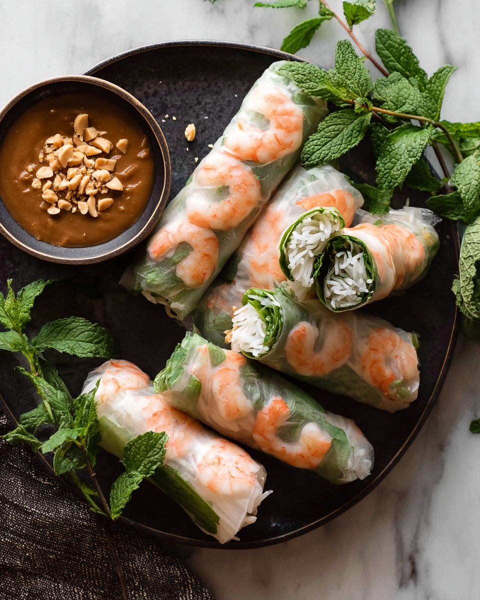 A translucent spring roll held by a woman's hand is dipped halfway into a small white bowl filled with thick brown sauce topped with crushed peanuts. Inside the spring roll, two visible pink shrimp, light green lettuce, and fresh herbs are layered, visible through the thin rice paper wrap. The bowl sits on a soft dark gray cloth, sprinkled with green herb leaves and pieces of crushed peanuts around it, all placed on a white marbled surface. photo taken with an iphone --ar 4:5 --v 7