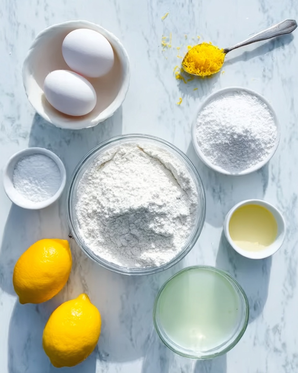 The image shows a white marbled surface with several ingredients arranged neatly from top to bottom. At the top, there is a white bowl holding two whole eggs, slightly to the right is a spoon with bright yellow zest, and next to it on the right is a small white bowl of white powder. Toward the left middle, there is a glass bowl filled with white flour, and in the center is another glass bowl with a larger amount of white powder. Below the center bowl, the white marbled surface holds two bright yellow lemons, positioned one on the left and one on the right side. Near the right bottom corner is a small clear bowl of a light green liquid, and near the center right is another small white bowl holding a pale yellow liquid. The whole setting is bright with natural light, arranged simply and cleanly. photo taken with an iphone --ar 4:5 --v 7