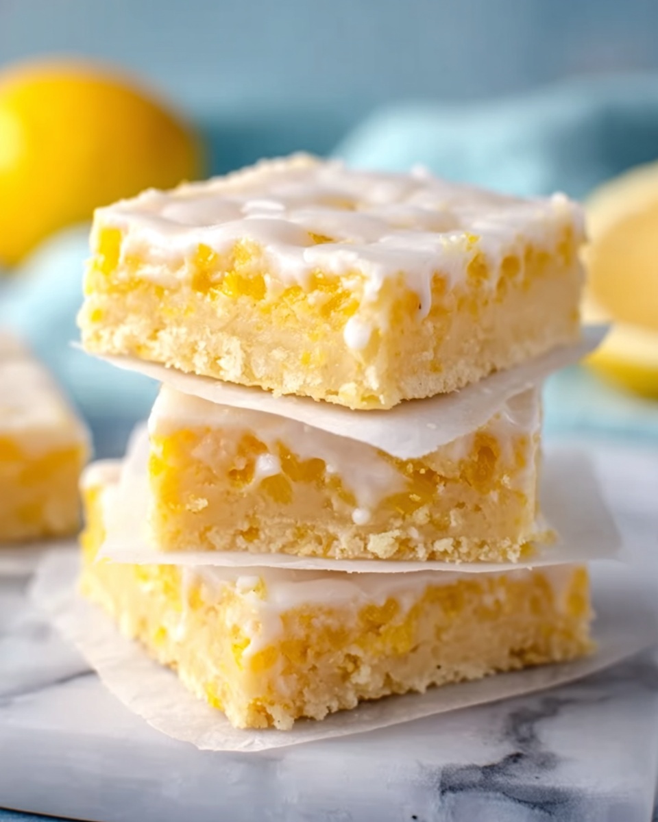 The image shows a stack of three square lemon dessert bars on a white marbled surface, each layer separated by a thin piece of white parchment paper. The bars have a crumbly, pale yellow base with a smooth, glossy, slightly thick white icing on top, which drips a little at the edges. The texture of the dessert looks soft and slightly spongy with visible lemon bits inside. In the slightly blurred background, there is a pale blue cloth and a whole lemon softly out of focus. photo taken with an iphone --ar 4:5 --v 7