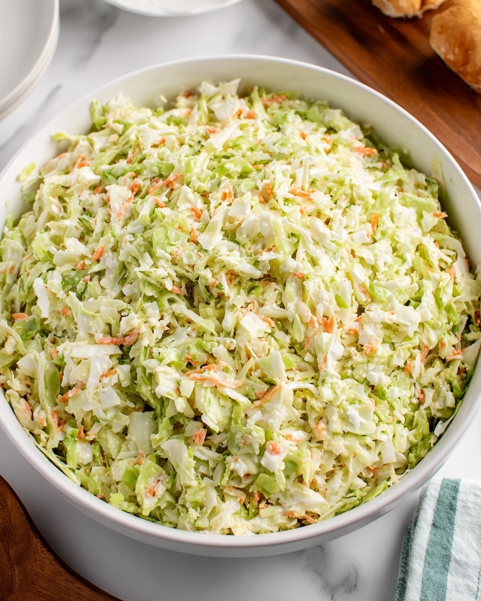 A large white bowl filled with finely chopped coleslaw featuring light green cabbage pieces mixed with small bits of orange carrot scattered evenly throughout. The texture looks fresh and slightly moist, showing a mix of smooth and slightly rough chopped vegetables. The bowl is placed on a white marbled surface, with parts of other dishes and a wooden board faintly visible around it. The overall color palette is light with soft greens, whites, and touches of orange, making the coleslaw look fresh and ready to serve. photo taken with an iphone --ar 4:5 --v 7