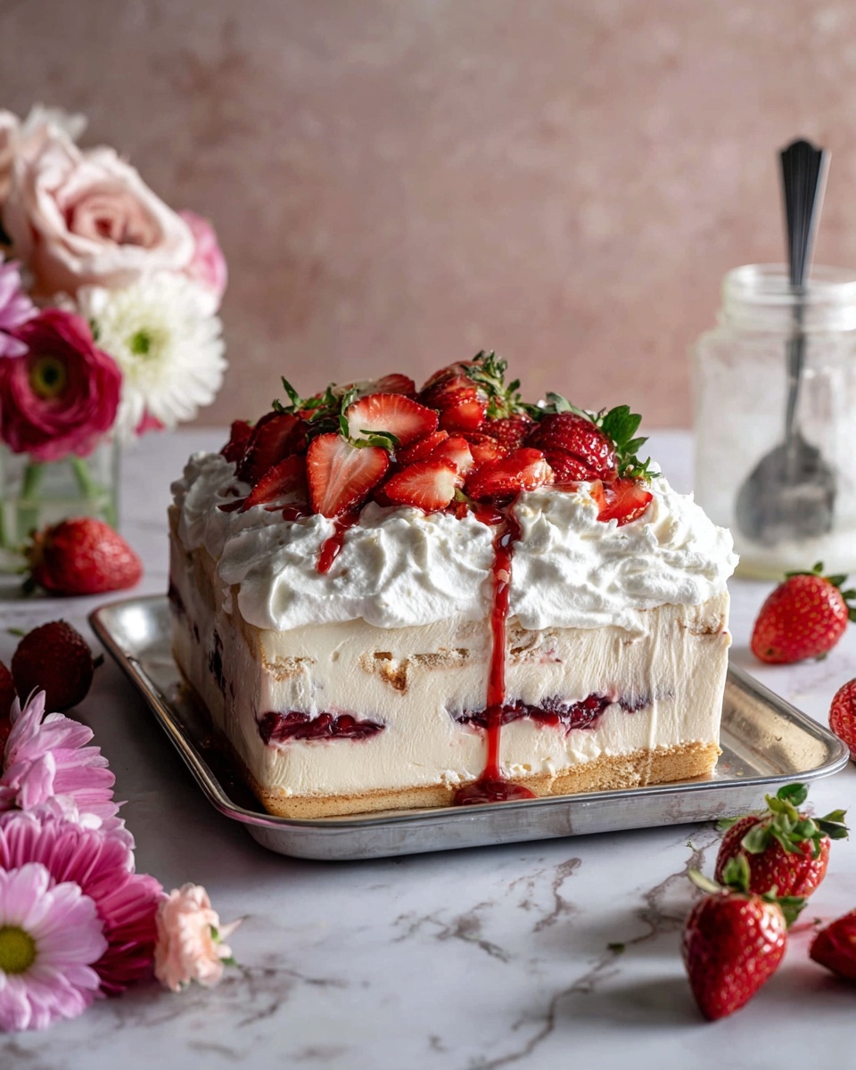 Strawberry Icebox Cake Recipe 4 A white pot filled with a thick, red sauce that has visible chunks of cooked tomatoes floating on the surface, with the inside rim of the pot stained with splashes of the sauce, and steam rising above the pot showing it is hot. The pot has a wooden handle on the right side and small drips of sauce running down the outer white surface. The pot is placed on a dark surface with a blurred tiled wall in the background. Photo taken with an iphone --ar 4:5 --v 7