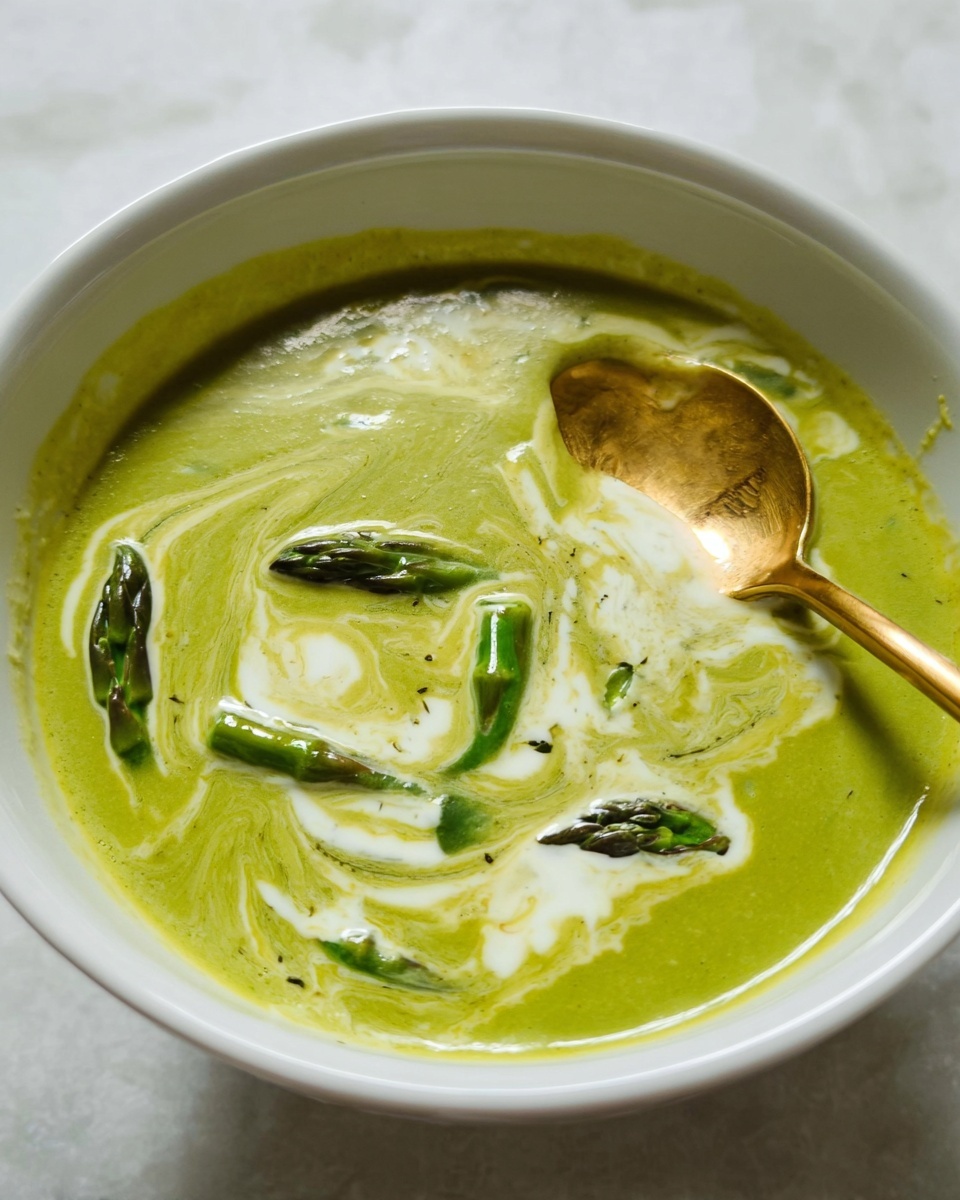The image shows a white bowl filled with a smooth green soup, with a creamy swirl of white cream mixed on top. There are small pieces of green asparagus placed in the center, adding texture and layers to the soup. A brass-colored spoon is partly dipped into the soup on the right side of the bowl. The bowl sits on a white marbled surface. photo taken with an iphone --ar 4:5 --v 7