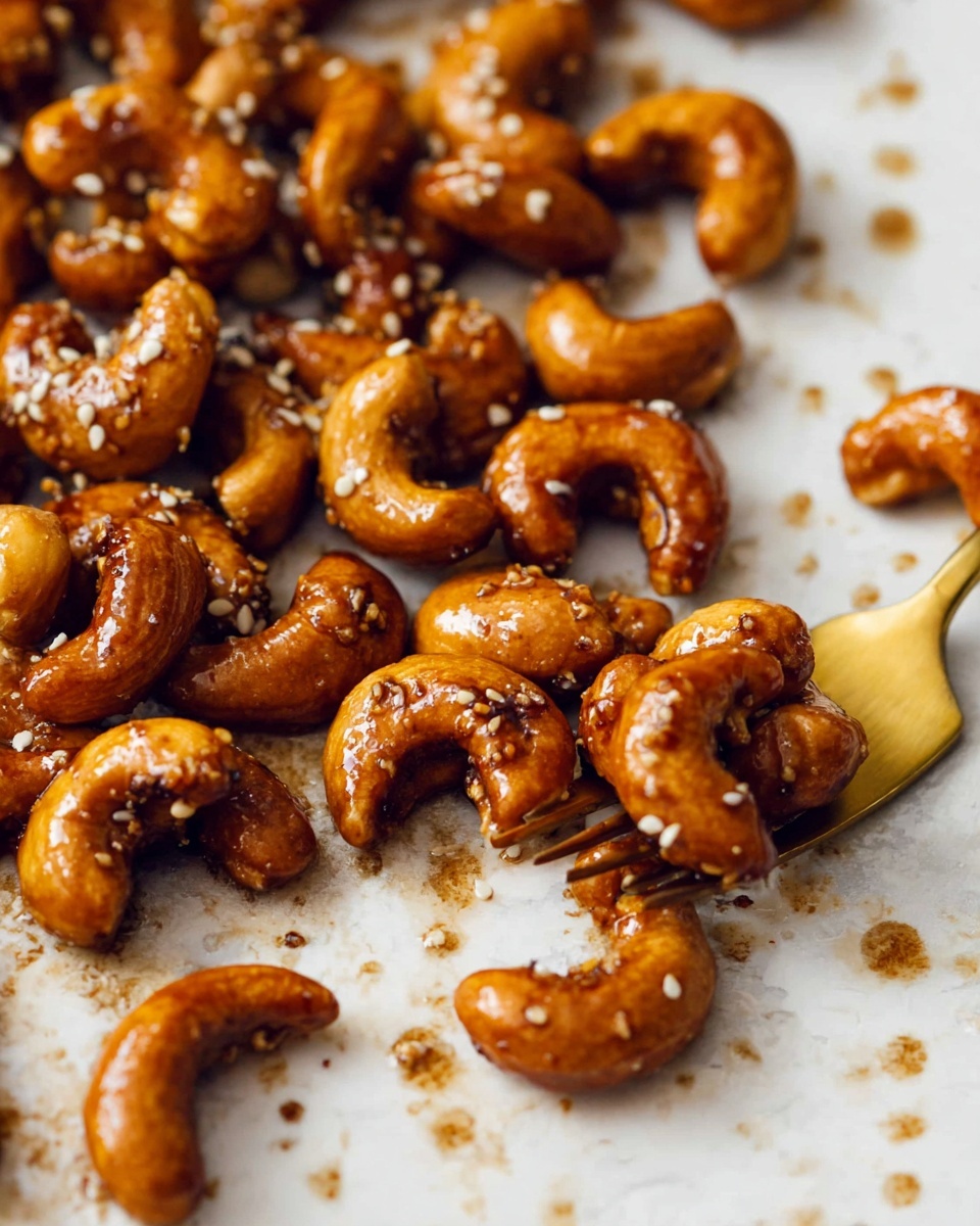 A close-up view of shiny, golden-brown cashew nuts coated with a sticky glaze and sprinkled with small white sesame seeds, spread unevenly on a white marbled surface with little glaze drops around. A golden fork is partially visible on the right side, slightly lifting some nuts, showing their glossy texture and curved shape with a rich, caramelized look. The photo taken with an iphone --ar 4:5 --v 7