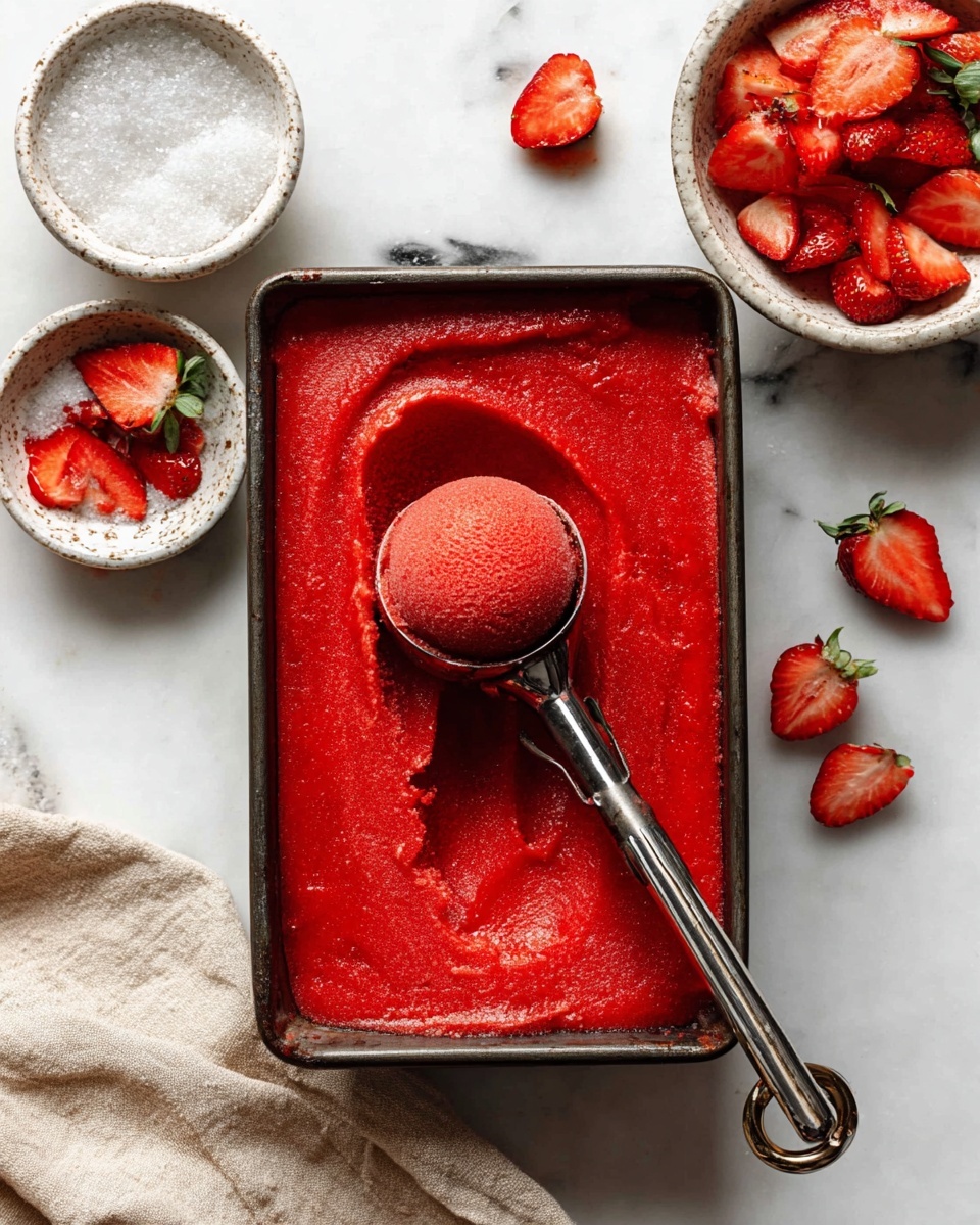A clear glass dessert bowl filled with two scoops of bright red strawberry sorbet showing a smooth icy texture, topped with a small fresh green mint leaf placed slightly to the side; the bowl sits on a white marbled surface next to a white cloth with thin black stripes and a black spoon resting beside it; in the background, there is a blurred white bowl full of fresh strawberries and another similar glass bowl with the same red sorbet and a mint leaf, all bright and fresh in natural light, photo taken with an iphone --ar 4:5 --v 7