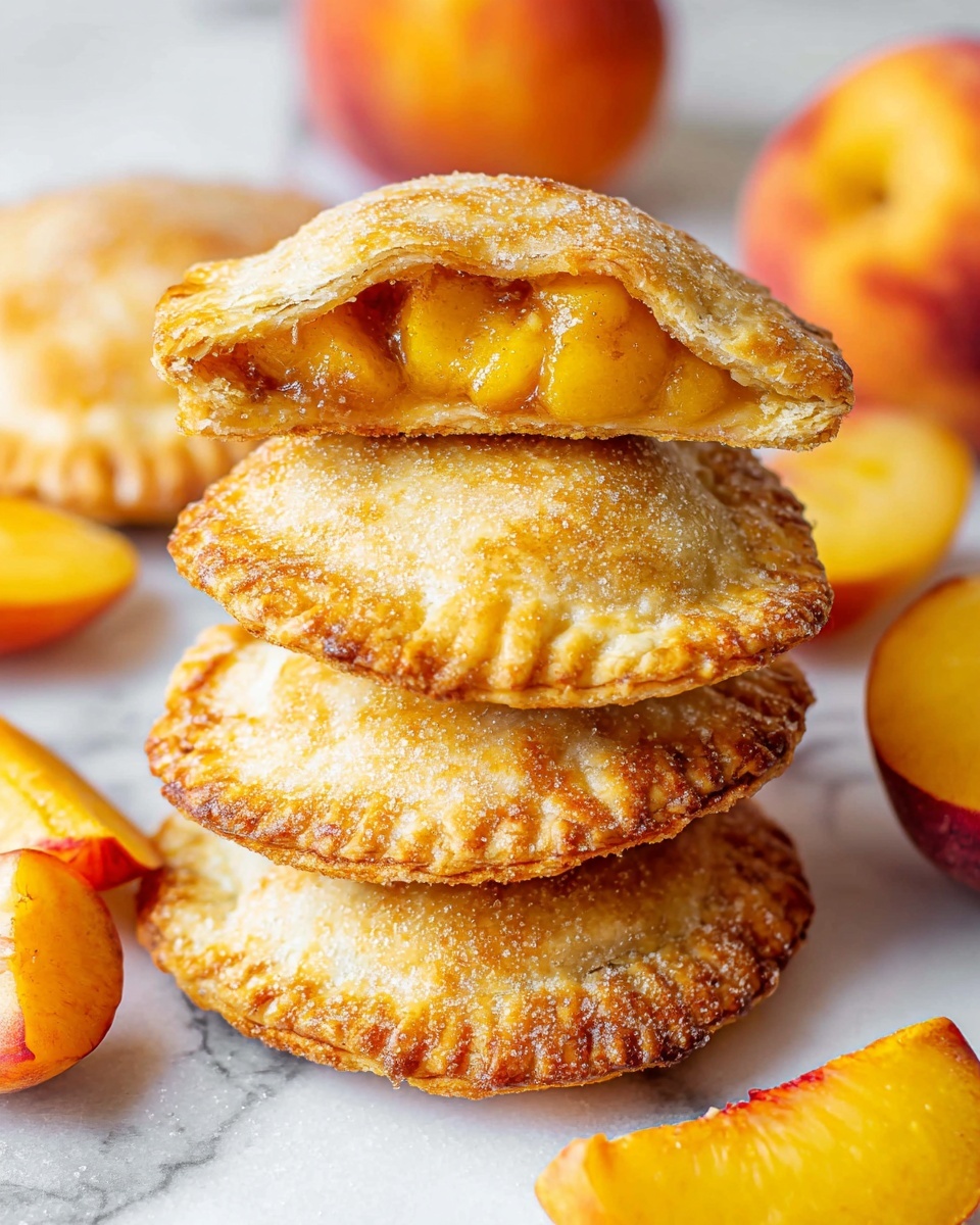Peach Mango Pie - Jollibee Recipe Copycat Recipe 5 The image shows a stack of small round peach hand pies with a golden-brown crust that has a shiny sugar coating on top. The top pie is cut in half, revealing a thick, juicy peach filling inside with visible chunks of fruit that are bright yellow-orange in color. The crust looks flaky and slightly crispy at the edges. Around the pies are several whole and sliced fresh peaches, adding more orange and yellow tones to the scene. The background is a white marbled surface. photo taken with an iphone --ar 4:5 --v 7