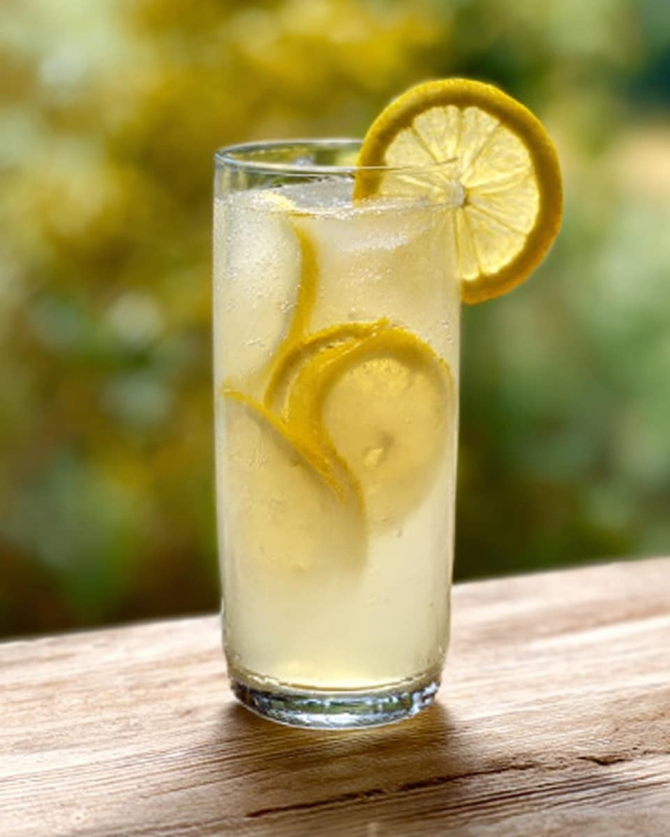 The image shows a tall clear glass filled with a pale yellow drink, with three thin lemon slices inside and a lemon wheel on the rim. The liquid is light and slightly cloudy, with small bubbles visible. The glass is on a wooden table with a soft-focus green and yellow background. The lighting is natural, coming from the left side, highlighting the drink's freshness and the glass's texture. photo taken with an iphone --ar 4:5 --v 7