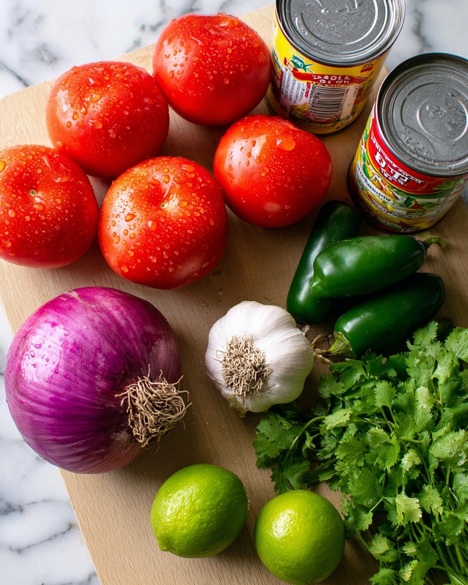 The image shows a collection of fresh ingredients laid out on a white marbled surface. There are five bright red tomatoes with drops of water on them, a large purple onion with roots attached, a bulb of garlic with a pale lavender tint, two bright green limes, and a small bunch of dark green jalapeño peppers clustered together. Fresh leafy cilantro with vibrant green leaves rests near the onion. Two cans, one of crushed tomatoes with a red label and another smaller can with a yellow label, are placed nearby. The colors are rich and natural, and the textures range from smooth and shiny tomatoes to the leafy cilantro and the rougher onion skin photo taken with an iphone --ar 4:5 --v 7