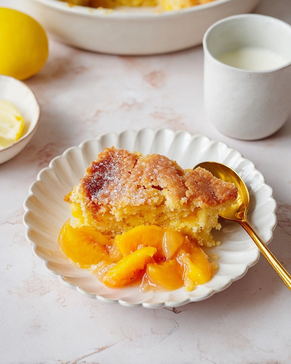 A slice of fruit cobbler sits on a white scalloped plate, showing three layers: a top golden-brown crispy crust with a cracked surface, a middle soft yellow cake layer with a moist texture, and a bottom layer of bright orange and yellow cooked peach pieces with a glossy look. A gold spoon rests on the right side of the plate, partially under the cake. The plate is set on a white marbled surface. In the background, there is a small white cup filled with cream or milk, and a white bowl with a yellow lemon inside is partially visible on the left edge. Photo taken with an iphone --ar 4:5 --v 7
