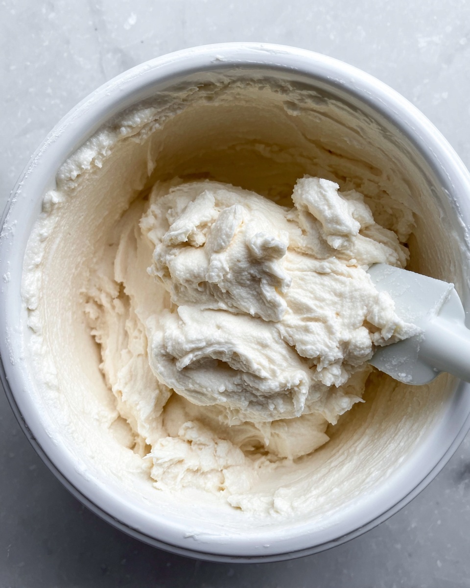 A round white bowl filled with a thick, creamy, white mixture that looks soft and slightly fluffy, with some small air bubbles and breaks in texture. A white spatula rests on the mixture inside the bowl, partially covered with the creamy substance. The inside of the bowl has some clumps and smears of the mixture around the edges. The whole scene is set on a white marbled surface. photo taken with an iphone --ar 4:5 --v 7