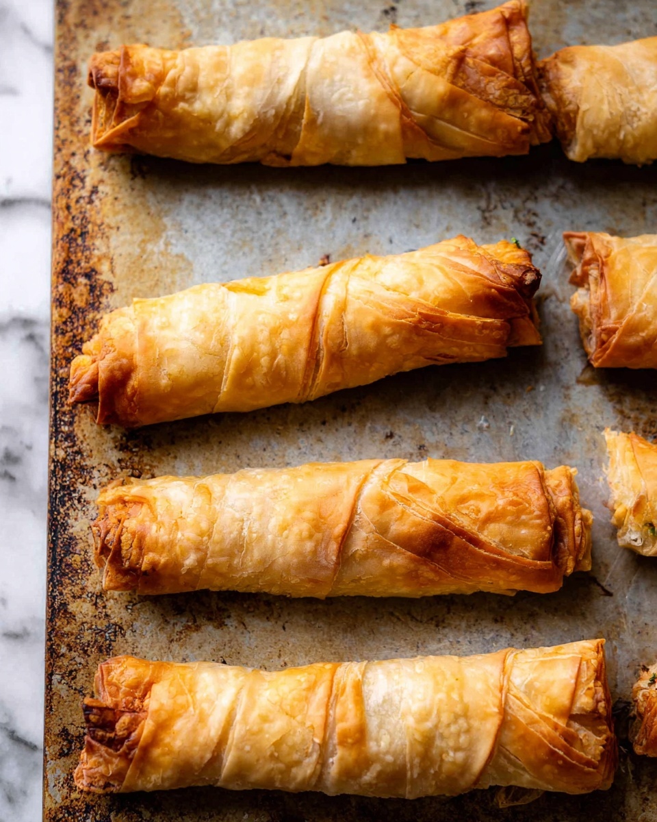 The image shows six rolled pastry sticks placed on a worn, textured baking sheet. Each stick has a golden brown color with some parts darker, showing a crispy outer layer made from thin, flaky pastry sheets wrapped tightly around an unseen filling. The pastry layers create uneven folds and slight cracks on the surface, giving a homemade look. The background is changed to a white marbled texture. photo taken with an iphone --ar 4:5 --v 7