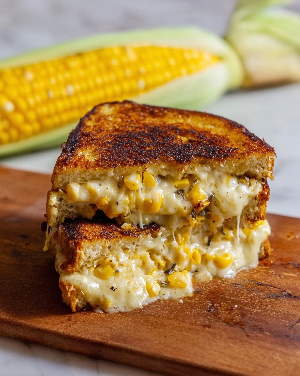 A golden brown grilled sandwich is placed on a wooden cutting board. The sandwich is split in half, showing melted cheese stretching between the two pieces. Inside, there are visible yellow corn kernels mixed with creamy cheese. The sandwich crust is richly toasted with a slightly crunchy texture, while the melted cheese inside looks soft and gooey. A whole ear of corn with bright yellow kernels and green husk is placed at the top on a white marbled surface, with a white cloth partially visible at the bottom left corner. photo taken with an iphone --ar 4:5 --v 7