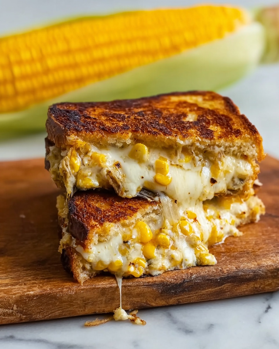 The image shows a grilled cheese sandwich cut in half with the two pieces stacked. The sandwich bread has a dark golden brown, crispy texture on the outside. The inside layer is filled with melted, creamy cheese that stretches out, mixed with yellow corn kernels and small black bits. The sandwich is placed on a wooden board, and in the blurry background, there is an ear of yellow corn with its green husk. The whole scene is set on a white marbled surface. photo taken with an iphone --ar 4:5 --v 7