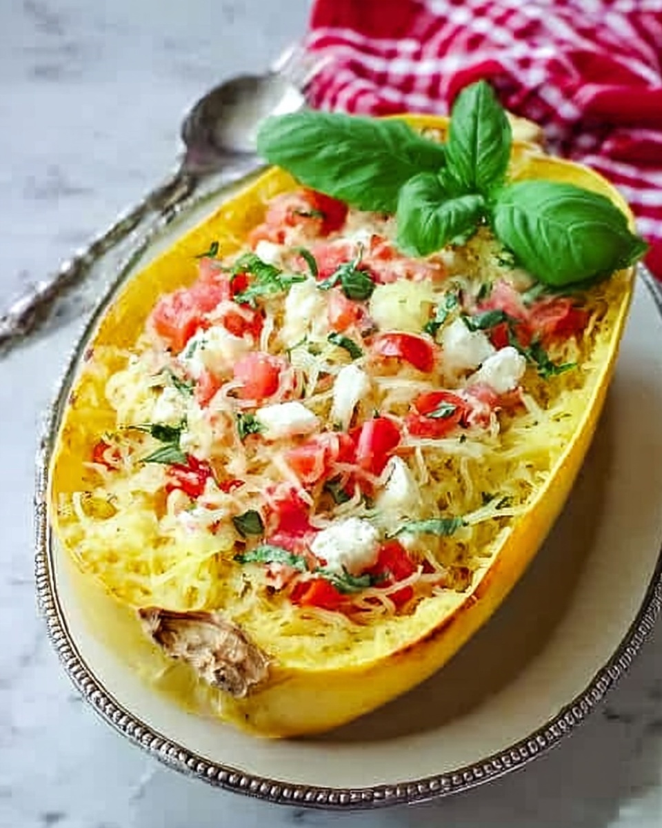 The dish shows a yellow spaghetti squash shell filled with layered spaghetti squash strands mixed with white cheese pieces, small pink tomato chunks, and green herbs scattered throughout. On top, there is a garnish of large fresh green basil leaves placed in the upper right corner. The squash shell sits on an oval white plate with silver edges, resting on a white marbled surface with a red and white checkered cloth in the background. The overall look has a mix of soft textures from the squash and cheese with fresh colors from the tomatoes and basil leaves. photo taken with an iphone --ar 4:5 --v 7