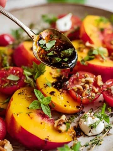 Peach Burrata Salad with Balsamic Vinaigrette and Pistachios Recipe