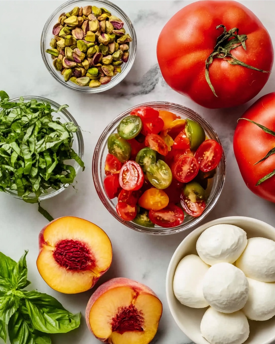 The image shows a close-up of fresh ingredients arranged on a white marbled surface. At the center, a small clear glass bowl holds a colorful mix of halved red and green cherry tomatoes. To the left, a small clear glass bowl is filled with chopped pistachios, with a fresh green basil bunch nearby. At the bottom left, two halves of a peach with a reddish pit are placed side by side. On the right, a white bowl holds three smooth, round balls of mozzarella cheese, next to a few basil leaves. Two large ripe red tomatoes with green stems rest at the upper right corner. The colors are bright and fresh, with red, green, white, and yellow hues. Photo taken with an iphone --ar 4:5 --v 7