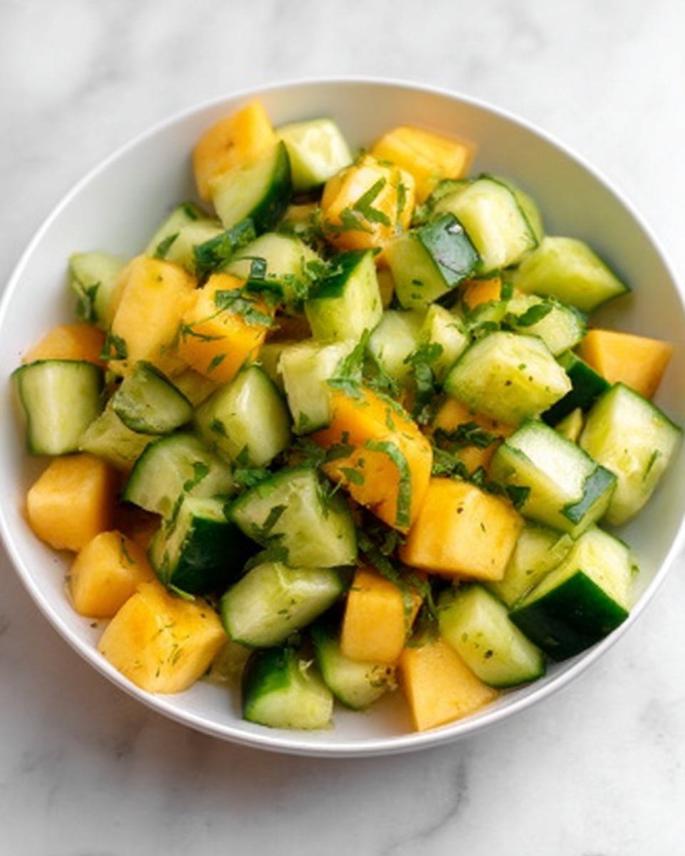 The image shows a white bowl filled with a fresh salad made of three main layers: large chunks of bright yellow pineapple with a slightly shiny texture, thick green cucumber slices with a smooth surface, and thin slices of purple onion. The salad is mixed with green leafy herbs, likely cilantro, scattered evenly throughout, adding a touch of vibrant green. The bowl sits on a white marbled surface, enhancing the fresh and clean look of the salad. photo taken with an iphone --ar 4:5 --v 7
