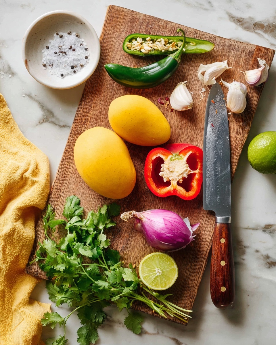 A wooden cutting board sits on a white marbled surface, holding fresh ingredients: two yellow mangoes near the center, a sliced red bell pepper showing its white seeds and inner flesh to the right, and a halved small red onion with visible purple layers below the mangoes. Above the mangoes, there is a halved green jalapeño pepper with seeds inside and some seeds scattered on the board. A whole garlic bulb and a peeled garlic clove are near a large knife with a wooden handle resting on the right side of the board. Fresh green cilantro leaves spread out from the bottom left corner, and two limes, one whole and one cut in half, lie near the bottom right corner. A small white bowl filled with coarse salt is positioned in the top left corner of the board. A yellow cloth peek from the bottom left corner. Photo taken with an iphone --ar 4:5 --v 7