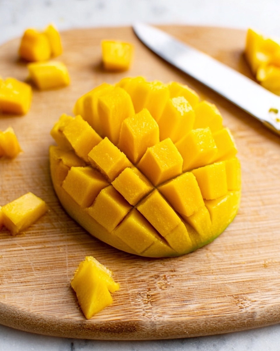 The image shows a single ripe mango half placed on a wooden cutting board. The mango is scored into small square pieces but still attached to the skin, with bright yellow juicy flesh contrasting with the smooth, slightly curved edge of the intact peel. Nearby, there is a white knife with a silver blade resting on the board, and small diced mango pieces are scattered around. The background is white marbled texture. photo taken with an iphone --ar 4:5 --v 7
