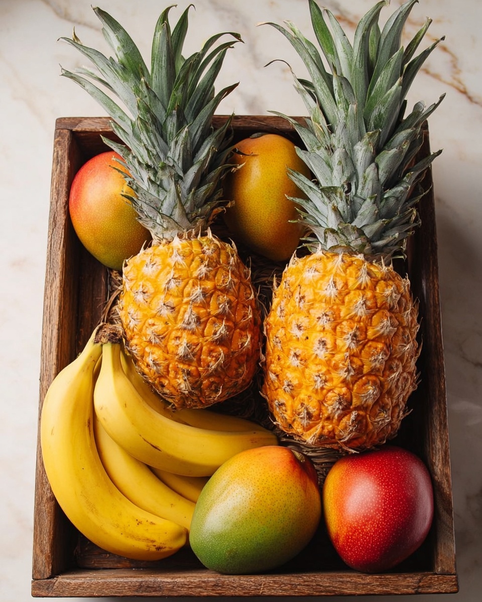 A wooden box filled with ripe fruits on a white marbled texture background shows two large pineapples with green, spiky leaves standing upright in the middle layer, their yellow and orange textured skin detailed closely. Around them, in the back layer, three mangoes sit with smooth, red, yellow, and green skin. The front layer holds more mangoes with similar bright colors and a cluster of four yellow bananas with small brown spots. The fruit arrangement is neat with colors that blend warm yellows, greens, and reds. photo taken with an iphone --ar 4:5 --v 7