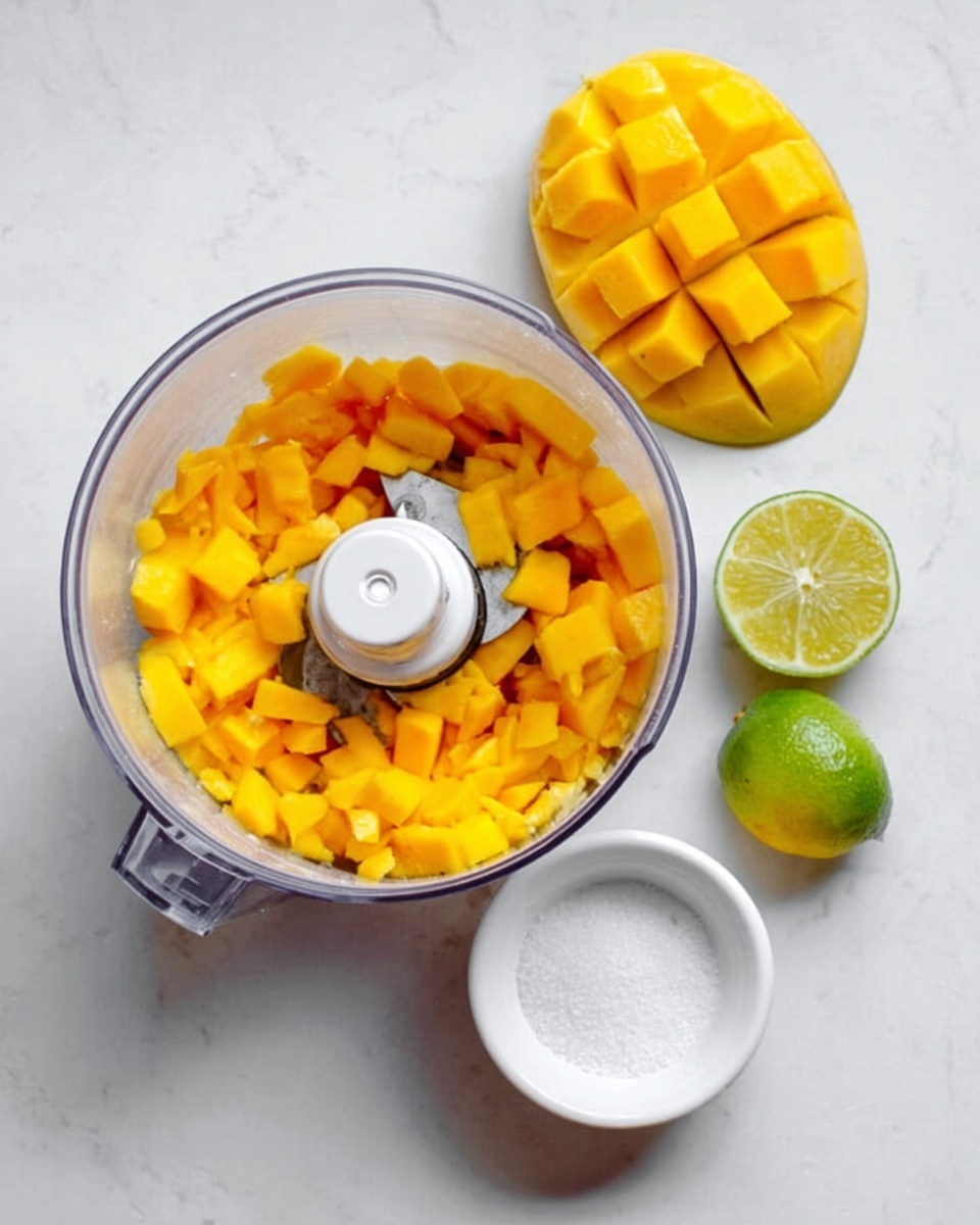 The image shows a white food processor bowl filled with small bright orange mango pieces, with the blade visible in the center. Next to the bowl on a white marbled surface are a whole mango, a lime cut in half showing its juicy green inside, and a small white bowl filled with white sugar. The colors are fresh and vibrant with the orange mango, green lime, and white bowls standing out clearly. The photo was taken with an iphone --ar 4:5 --v 7