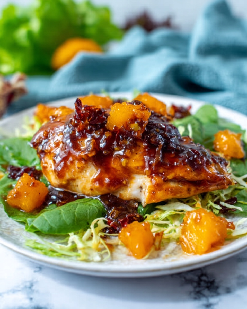 The image shows a white plate on a white marbled surface, holding a piece of cooked chicken covered in a shiny dark brown sauce with small pieces of orange fruit on top and around it. Underneath the chicken, there is a bed of green leaves and some light yellow shredded lettuce. The sauce glistens, making the dish look moist and flavorful. The background has a soft blue cloth and some blurred green leaves adding freshness to the scene. Photo taken with an iphone --ar 4:5 --v 7