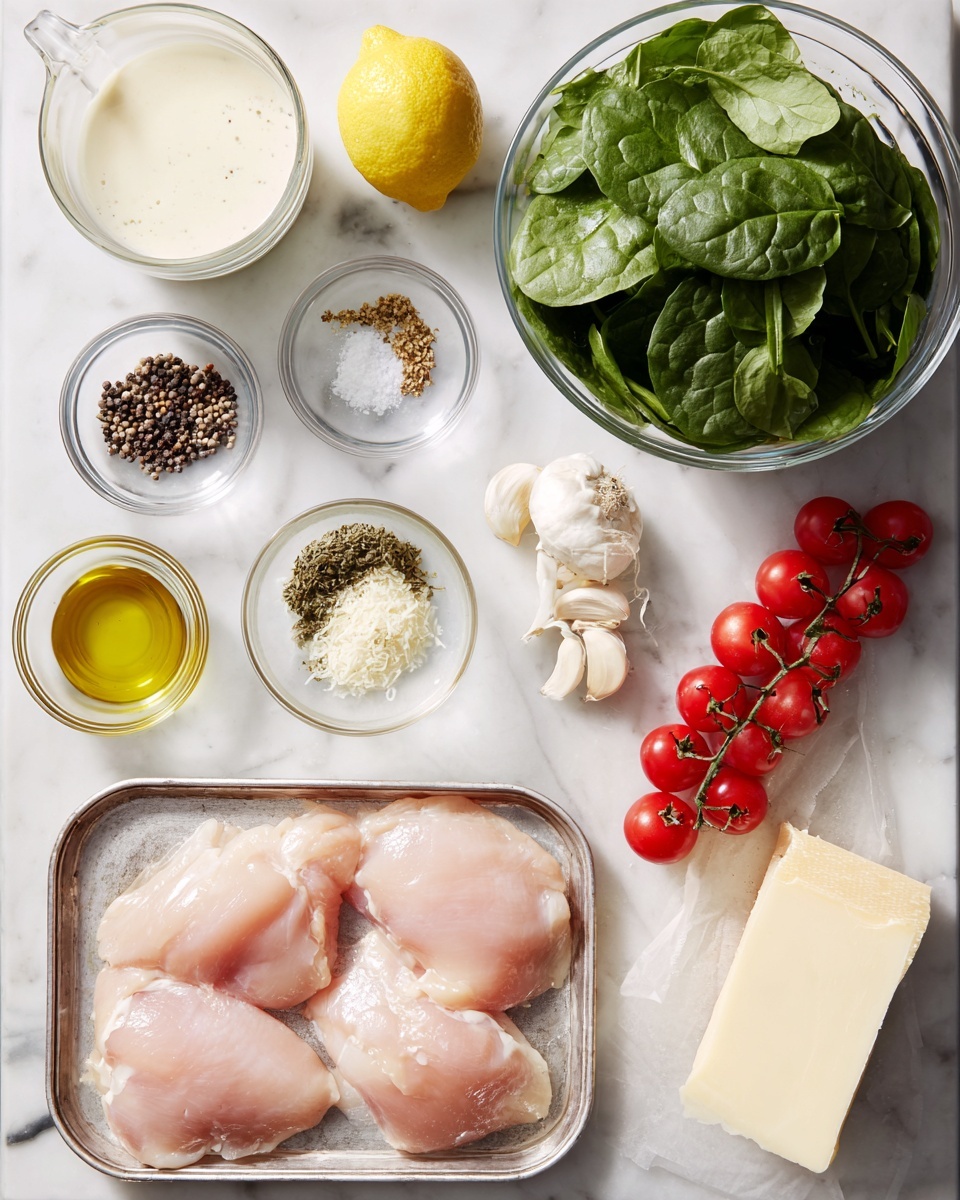 The image shows a white marbled surface with a silver tray at the bottom holding four pieces of raw, pale pink chicken without skin. Above the tray, arranged neatly on the marble surface, are several clear glass bowls and small dishes containing different ingredients: a creamy white liquid in a tall glass bowl at the top left, small black peppercorns in a smaller bowl next to a white salt pile, a small amount of greenish dried herbs, and a golden olive oil layer in a small glass bowl. To the right of those bowls, there is a larger clear bowl full of fresh, dark green spinach leaves. Next to the spinach, a red bunch of cherry tomatoes on the vine adds bright color. Near the tomatoes, two peeled garlic cloves and a small slab of pale yellow butter rest on the surface. On the far right is a rectangular piece of light yellow Parmesan cheese. A whole yellow lemon is placed roughly in the center among the ingredients. The scene is bright with soft shadows, creating a clean, organized cooking setup. Photo taken with an iphone --ar 4:5 --v 7