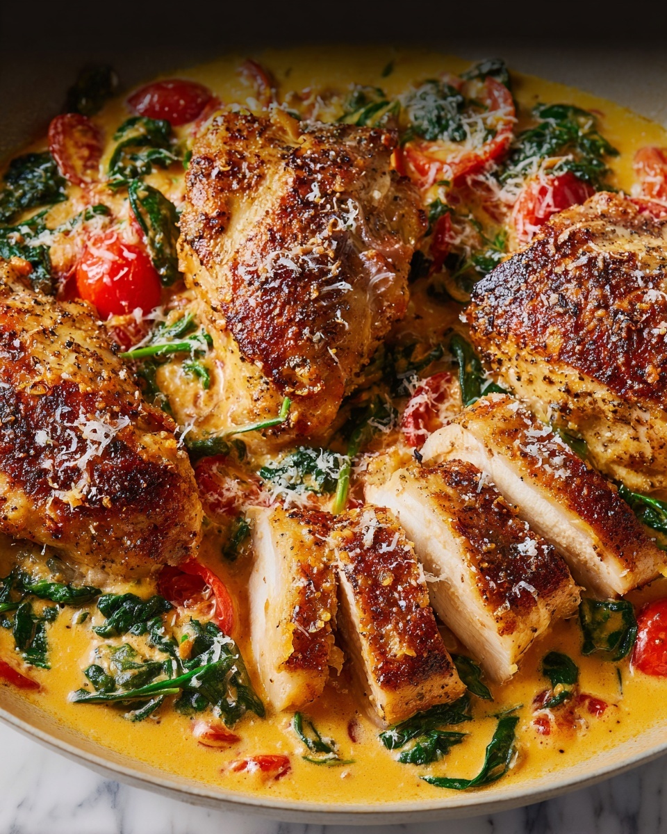 A close-up of four golden brown seasoned chicken pieces with crispy skin, some whole and one sliced into thick strips, showing white tender meat inside; beneath them is a creamy orange sauce mixed with wilted dark green spinach and bright red cherry tomatoes, all sprinkled with fine white grated cheese. The dish is presented on a white marbled surface. photo taken with an iphone --ar 4:5 --v 7
