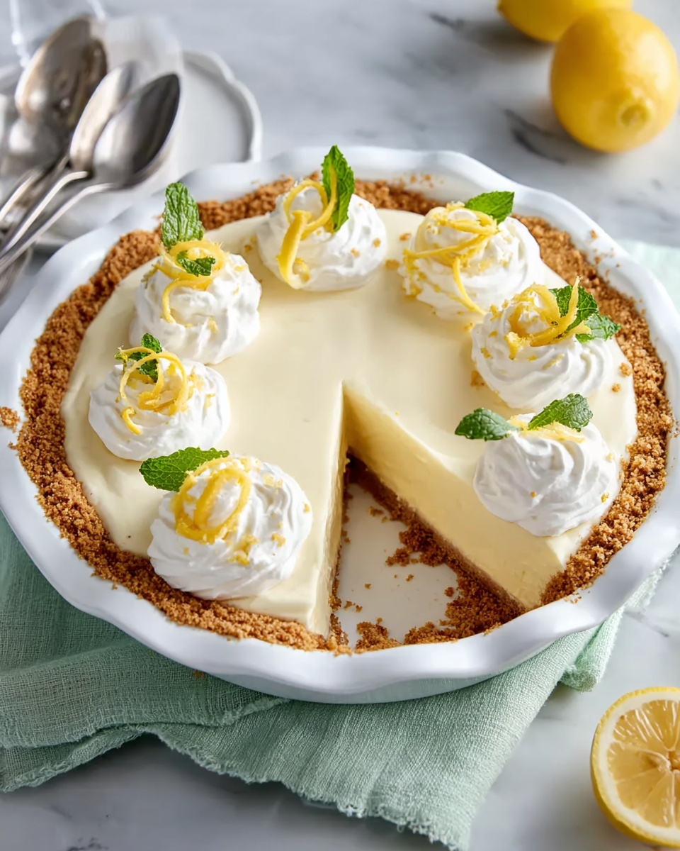 The image shows a white pie dish holding a lemon cream pie with three visible layers. The bottom layer is a thick, crumbly light brown crust that edges the dish. Above the crust is a smooth, pale yellow filling, topped with a thick, creamy white layer. On top of the pie are four dollops of whipped cream, each decorated with a small, twisted lemon peel and a green mint leaf. One slice is removed, revealing the layers from the side. The pie dish rests on a light green cloth over a white marbled surface, with a silver fork and spoon nearby and a half lemon in the background. Photo taken with an iphone --ar 4:5 --v 7