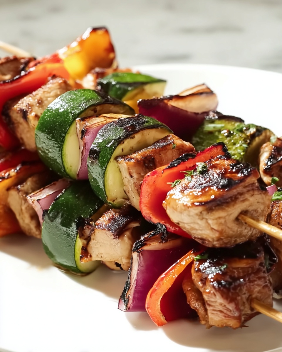 Yummy Honey Chicken Kabobs Recipe 5 The image shows several skewers stacked on a white plate, each skewer holding grilled pieces arranged in layers. The layers alternate between light brown grilled meat chunks, green zucchini slices with a slightly charred edge, bright red bell pepper pieces, and small slices of purple-red onion, all with visible grill marks. The different colors and textures of the grilled vegetables and meat create a vibrant, appetizing look. The background is a white marbled surface, enhancing the freshness and colors of the food. photo taken with an iphone --ar 4:5 --v 7