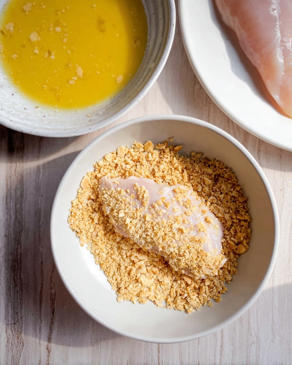 A close-up image shows a scene of food preparation with three white dishes on a white marbled surface. The main focus is a white bowl at the bottom center filled with light golden crushed crackers with a piece of raw chicken coated in the crushed crackers resting in the middle. Above it, slightly to the left, is a white bowl containing a beaten yellow egg mixture that fills most of the bowl's inner area. To the right edge, there is a white plate holding a plain piece of raw chicken, light pink in color and smooth in texture. The whole setup is lit with natural lighting which highlights the textures of the crushed crackers and the smooth surface of the egg mixture. photo taken with an iphone --ar 4:5 --v 7