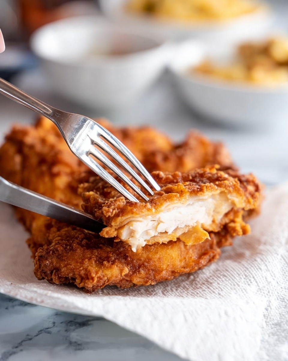 A close-up view of a crispy fried chicken piece resting on a white paper towel, showing three visible layers: the golden brown, crunchy outer breading layer with a rough texture, the inner white cooked chicken layer, and a slight glossy moisture layer inside. A silver fork is poking into the chicken from the top, held by a woman's hand, while a silver knife is positioned slightly underneath the chicken. In the blurred background, there are white bowls with side dishes on a white marbled surface. photo taken with an iphone --ar 4:5 --v 7