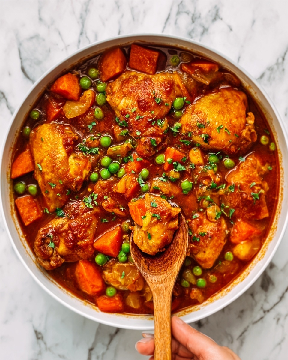 A white bowl filled with a stew of chicken pieces with golden skin sitting in a thick red-brown sauce. The stew has bright orange carrot cubes and green peas scattered evenly throughout. A woman's hand holds a wooden spoon in the bowl, lifting some chicken and vegetables. The background surface is white marble, making the colors of the stew stand out. photo taken with an iphone --ar 4:5 --v 7