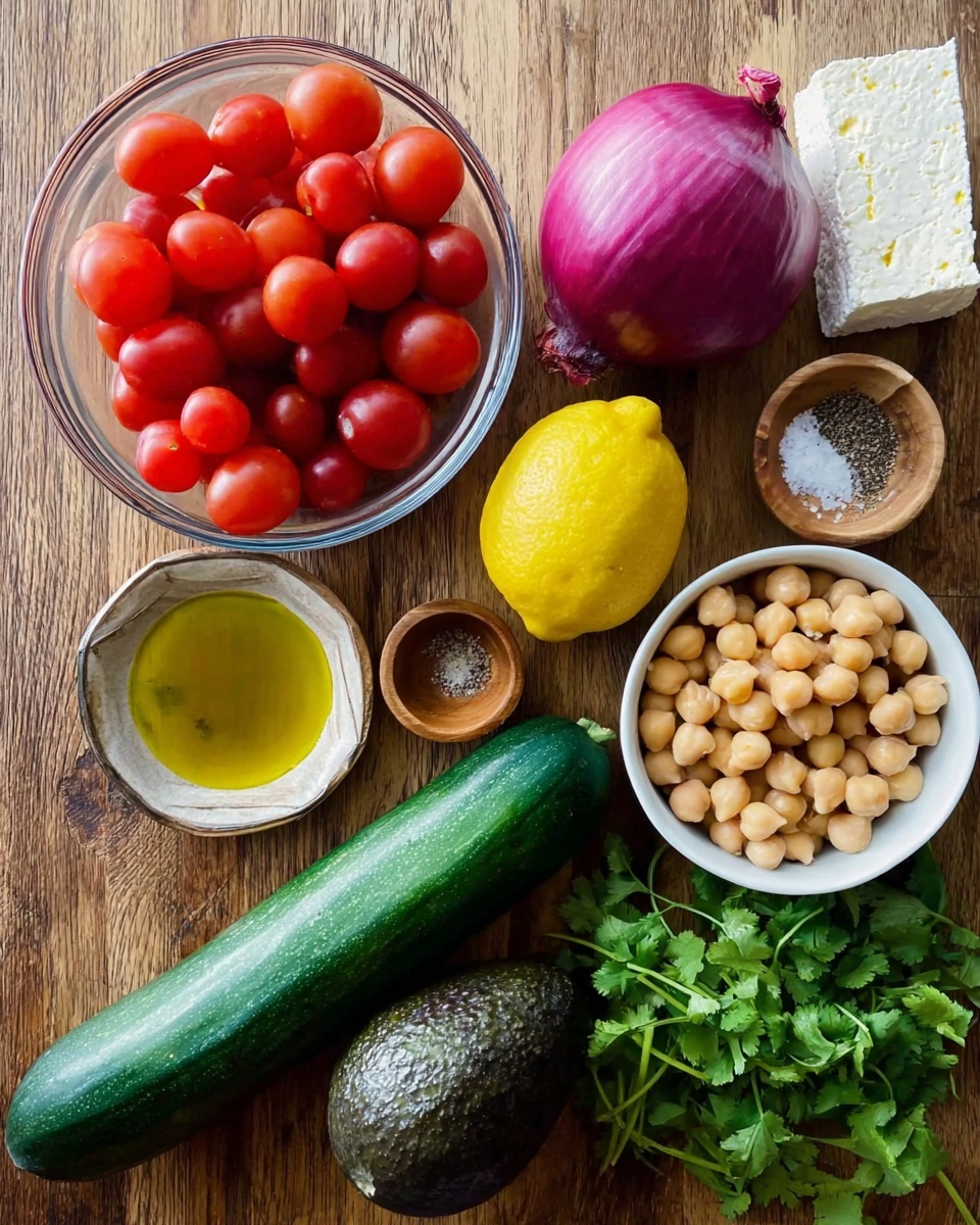 The image shows fresh ingredients for a salad arranged on a wooden surface. There is a clear glass bowl filled with bright red cherry tomatoes on the top left. Next to it, a large red onion sits with a smooth purple skin. Below the onion is a long, dark green cucumber stretching diagonally across the center. On the bottom left is a dark green avocado, and next to it is a whole yellow lemon. A small clear glass bowl with golden olive oil and a small wooden bowl with salt and pepper are placed near the lemon. Towards the bottom right, a white bowl is filled with light beige chickpeas, and beside it is a bunch of fresh green cilantro leaves. On the top right, a white bowl holds a block of white feta cheese on a white marbled surface photo taken with an iphone --ar 4:5 --v 7