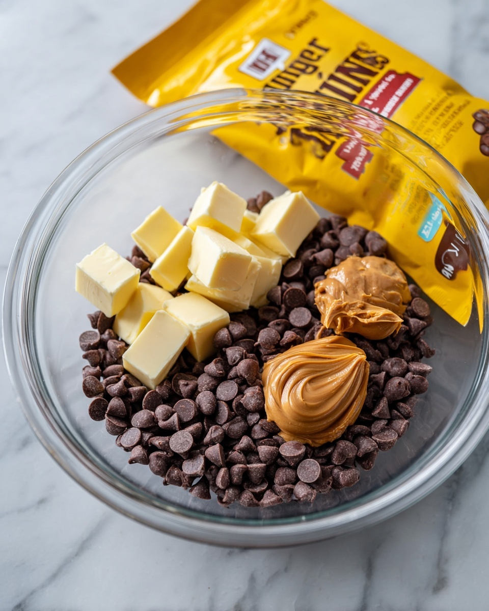 A clear glass bowl sits on a white marbled surface, filled with a base layer of dark brown chocolate chips, topped with five light beige cream cheese cubes scattered on one side, and two smooth dollops of peanut butter with a rich brown color positioned next to the cream cheese. A yellow bag of semi-sweet mini chocolate chips is partially visible behind the bowl. Photo taken with an iphone --ar 4:5 --v 7