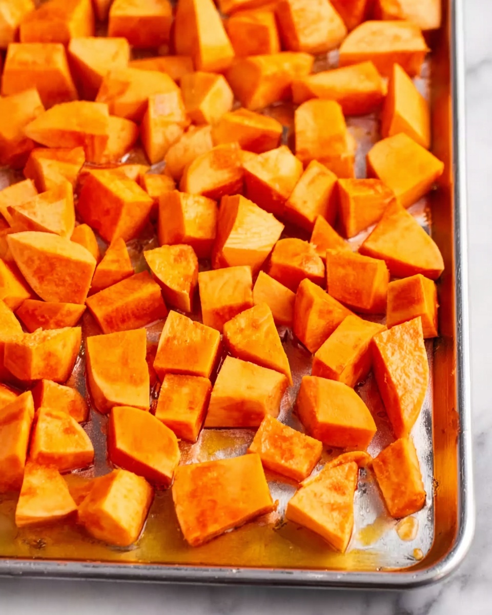 The image shows a close-up of many orange sweet potato chunks spread out in one layer on a silver tray. The sweet potato pieces vary in size and shape, with a mix of larger curved chunks and smaller square pieces. The tray is placed against a white marbled surface, and there are some small spots of liquid or oil visible around the potatoes. The bright orange color of the sweet potatoes contrasts with the shiny, reflective silver tray. photo taken with an iphone --ar 4:5 --v 7