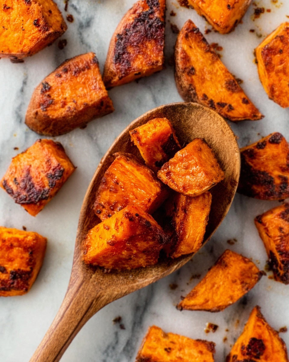 The image shows several small pieces of roasted sweet potatoes with a crispy, slightly browned outer layer. They have a rich orange color with some darker, charred spots. The sweet potatoes are on a white marbled surface with a wooden spoon holding a cluster of them near the center. More pieces are scattered around the spoon, displaying a mix of smooth and rough textures on their surfaces. The lighting highlights the warm tones and textures, giving a fresh and savory look to the dish photo taken with an iphone --ar 4:5 --v 7
